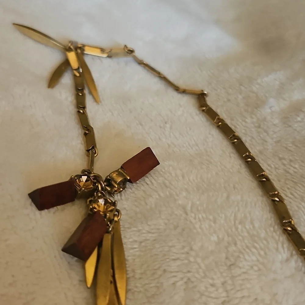 Vtg J. CREW Spike Wood Beaded Station Box Chain Sweater Necklace